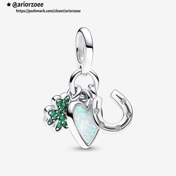 Pandora Four Leaf Clover, Heart and Horseshoe Triple Dangle Charm - Picture 1 of 2